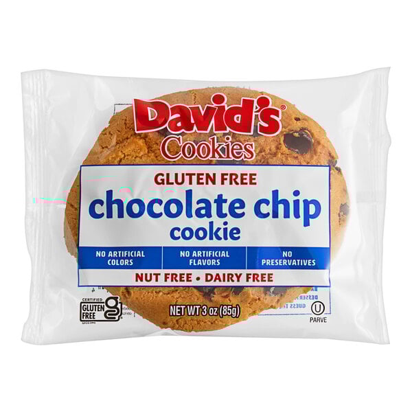 A package of 24 individually-wrapped David's gluten free chocolate chip cookies.