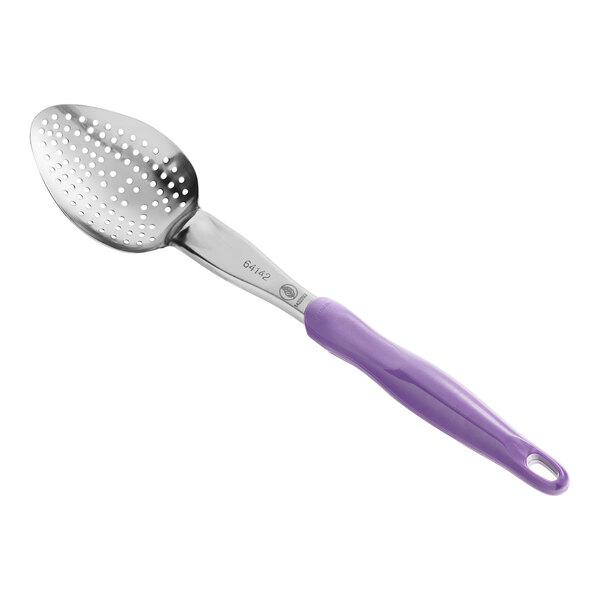 A close-up of a Vollrath heavy-duty perforated basting spoon with a purple handle.