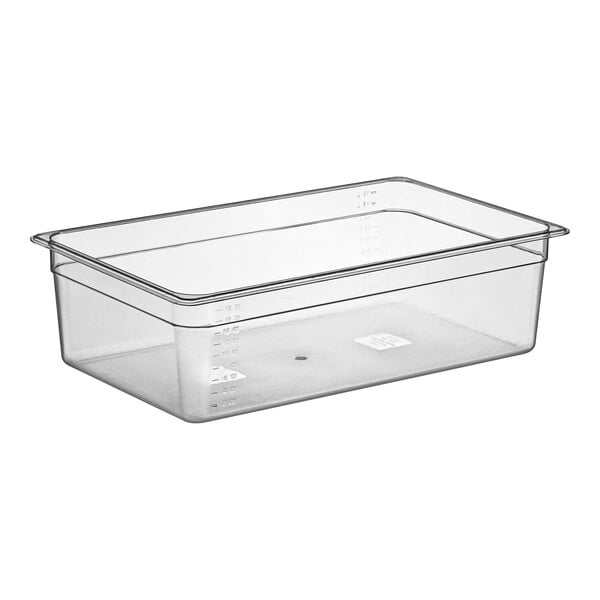 A clear polycarbonate food pan with a clear lid.