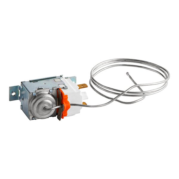 A Beverage-Air thermostat with an orange wire.