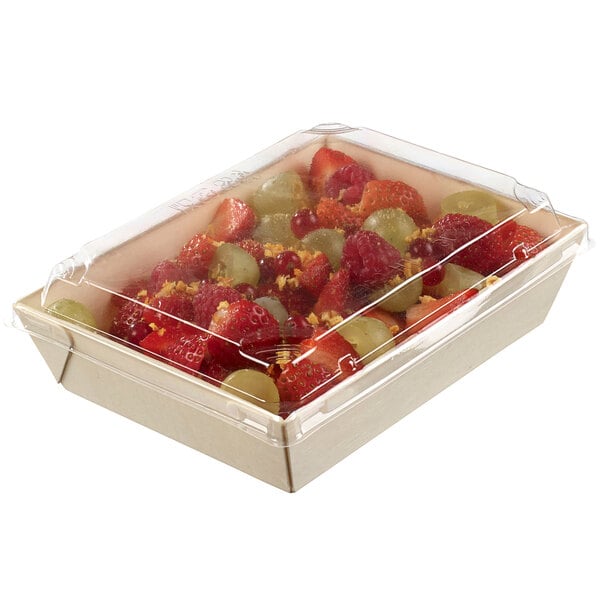 A Solia laminated wooden punnet with clear plastic lid containing fruit.