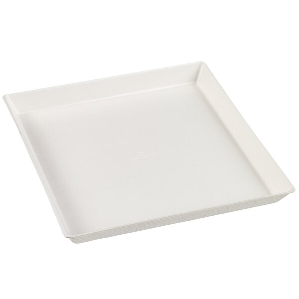 A Solia square white sugarcane pulp plate.