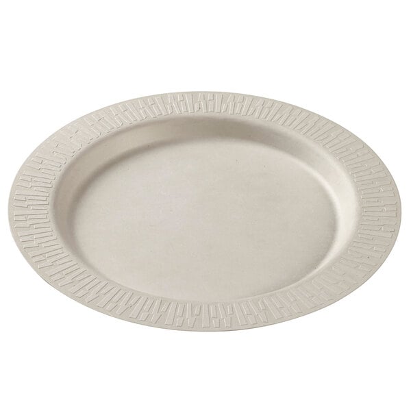 A white Solia round sugarcane plate with a circular border.