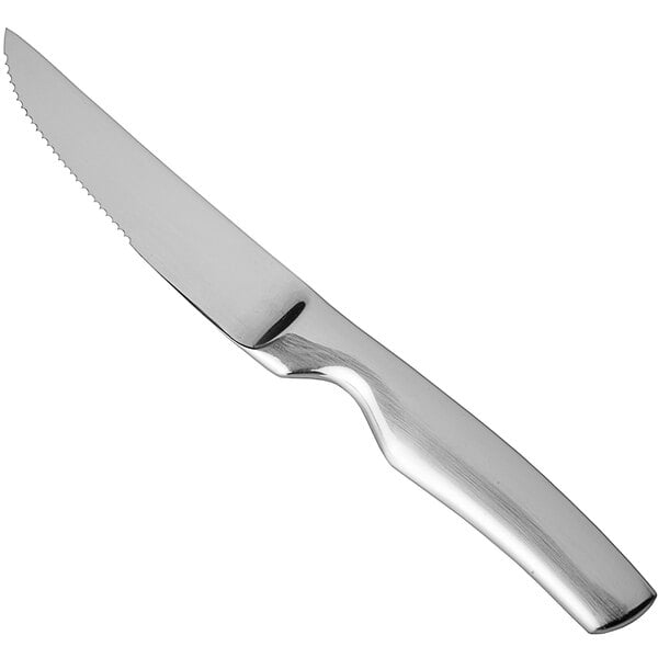 A Fortessa Prime Cut steak knife with a brushed silver handle and a serrated edge.
