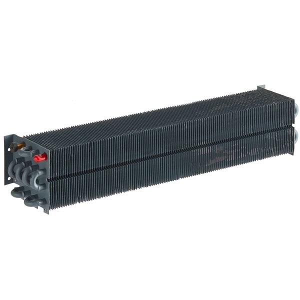 A close-up of a black rectangular Beverage-Air evaporator coil.