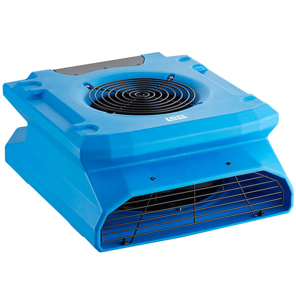 A blue Lavex air mover with a fan on top.