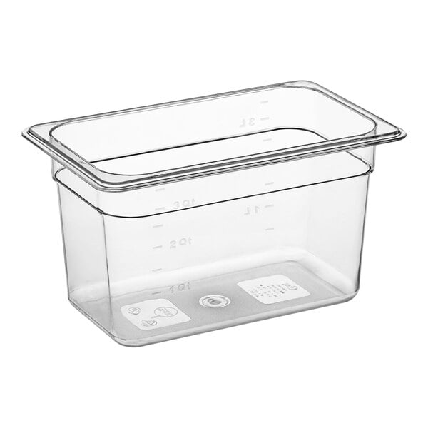 A Choice clear plastic food pan with a lid.