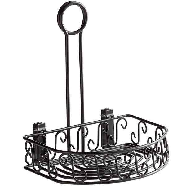 Choice Black Round Spiral Wrought Iron Condiment Caddy with Card Holder -  8 x 9 1/2