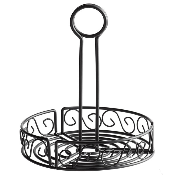 A black wrought iron wire basket with a spiral design.