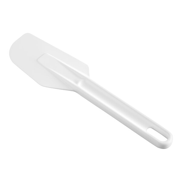 A white 10-inch spatula with a flat, flexible blade and a hole in the handle for hanging.