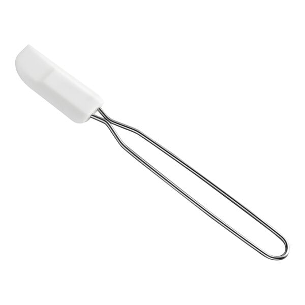 A 9-inch white high-heat silicone spatula with a stainless steel handle.