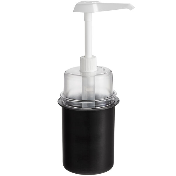 A black Steril-Sil condiment dispenser with a white pump tube.