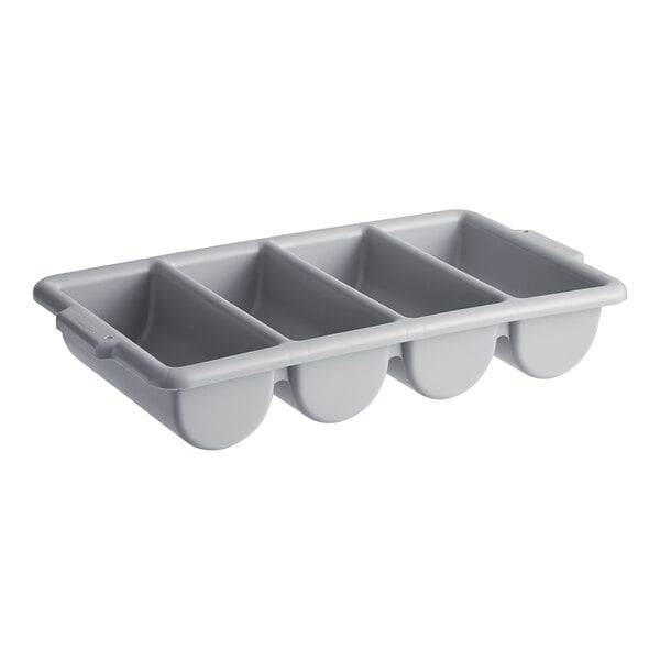 A Rubbermaid gray plastic tray with four compartments.