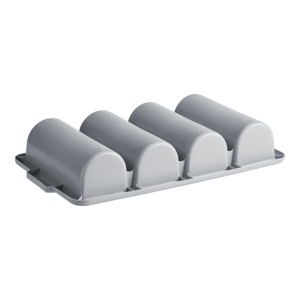 A grey Rubbermaid container with four compartments.