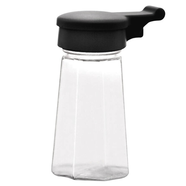 A clear glass container with a black lid.