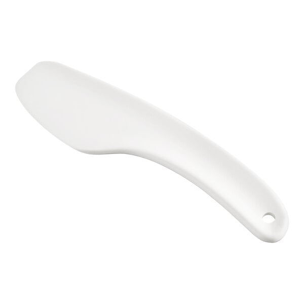 A white nylon bowl scraper with a curved edge and a hole in the handle.