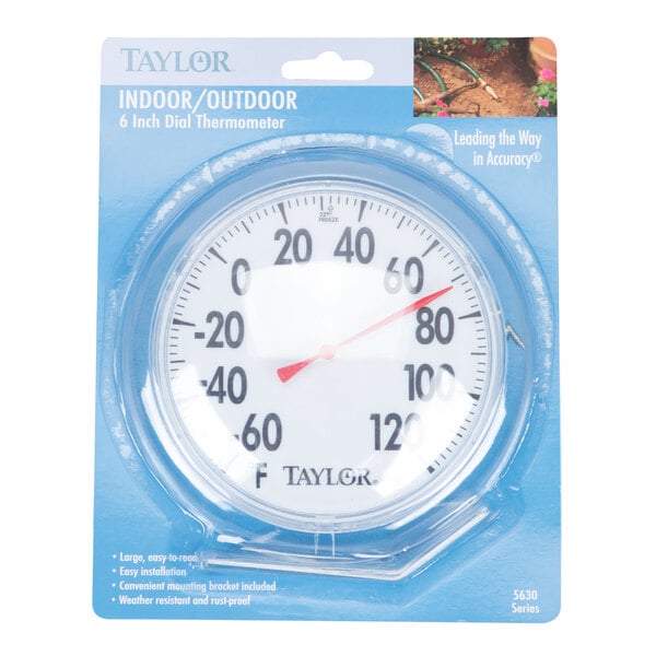 A Taylor 5630 6" dial thermometer in a package with a white dial.