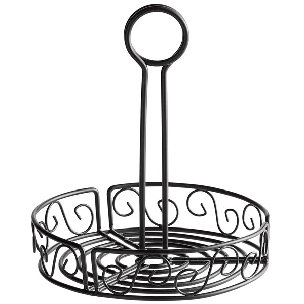 a black wire basket with a handle