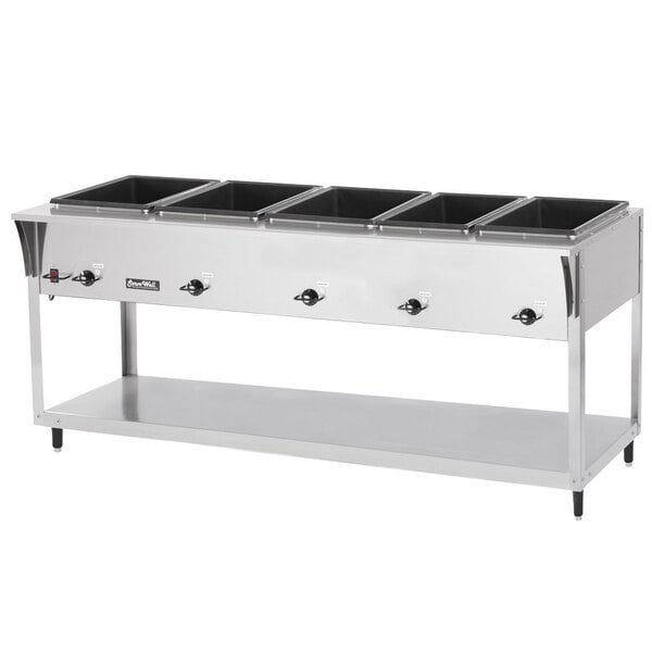 A Vollrath stainless steel hot food table with five sealed wells.