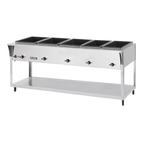 A stainless steel electric five pan hot food table with individual controls and a lower storage shelf.