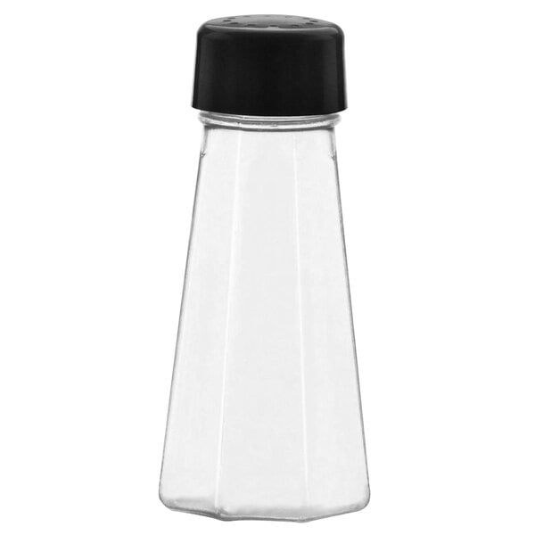 A clear polycarbonate salt shaker with a black plastic cap.