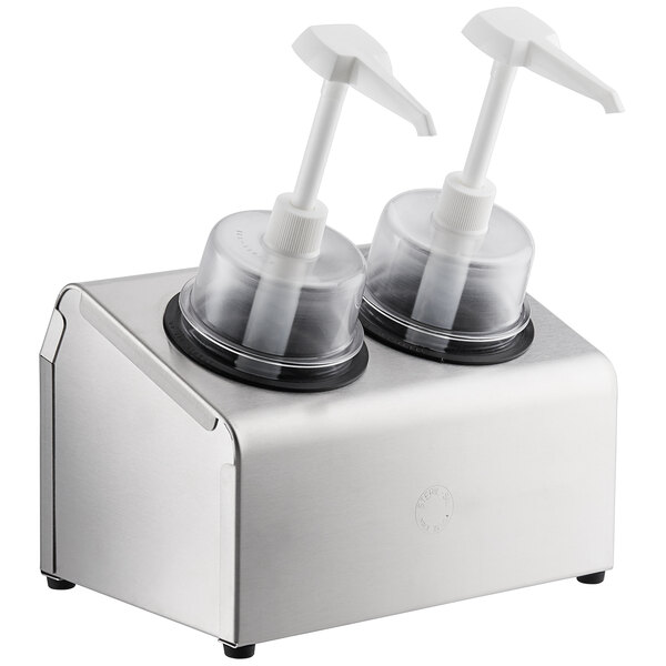 A Steril-Sil stainless steel condiment dispenser with two plastic containers inside.