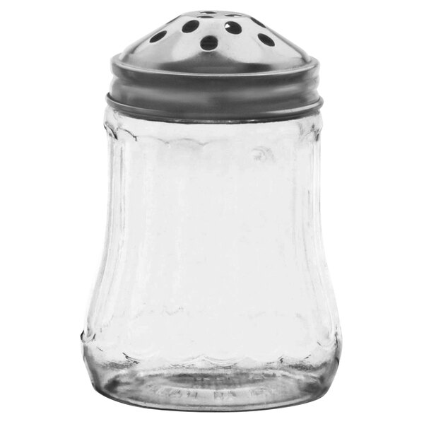 A clear polycarbonate cheese shaker with a metal top.