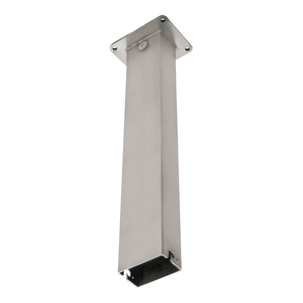 A metal pole with a square base and a hole in it.