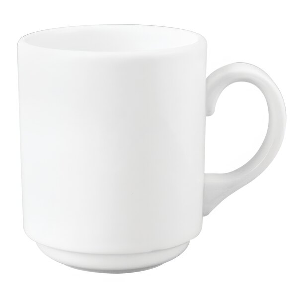 A close up of a Chef & Sommelier warm white mug with a white handle.