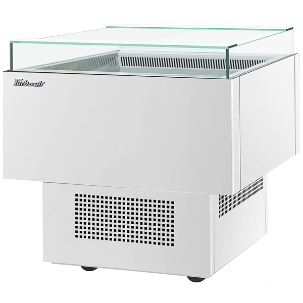 A white rectangular Turbo Air open display merchandiser with a glass top.