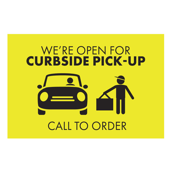 A yellow rectangular sign with white text that says "Curbside Pickup" and a person holding a bag approaching a car.