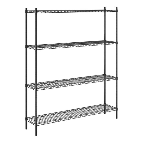 A black epoxy-coated metal shelving unit with four wire shelves and tall posts.