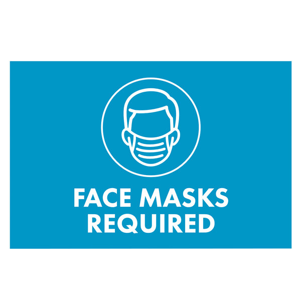 A blue rectangular sign with white text reading "Mask Required" and a white line drawing of a man wearing a face mask.
