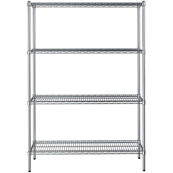 A Steelton wire shelving unit with four metal shelves and posts.