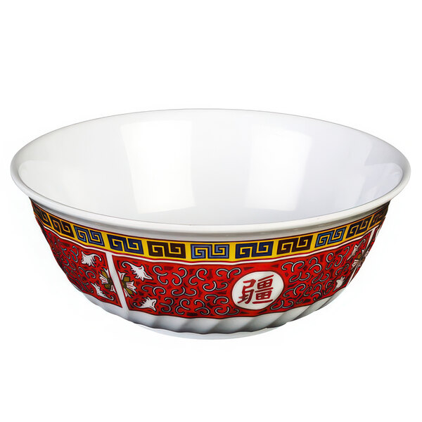 A white melamine bowl with oriental designs on it.