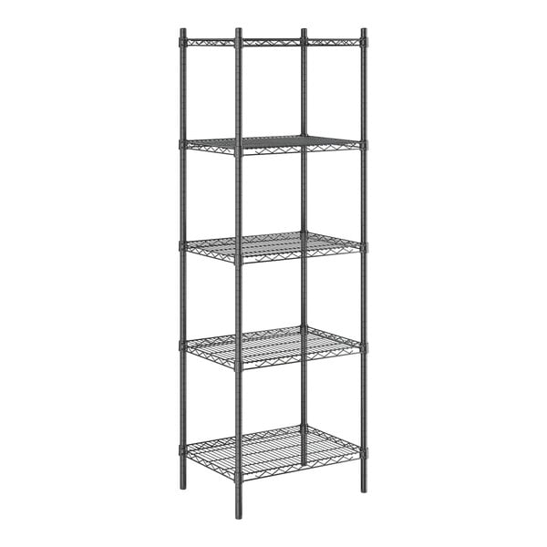 A Steelton black metal wire shelving unit with four shelves.