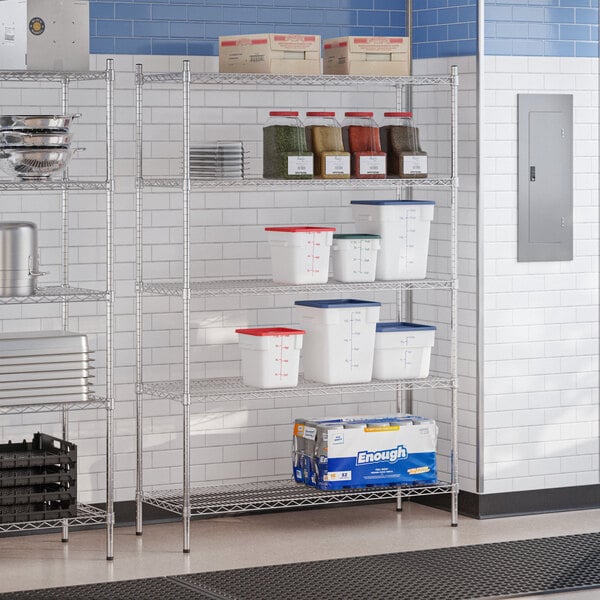 A chrome 5-shelf storage rack with various kitchen containers and supplies placed on the shelves.