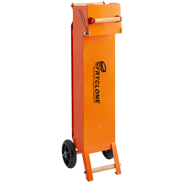 An orange cart with wheels used to transport fryer oil.