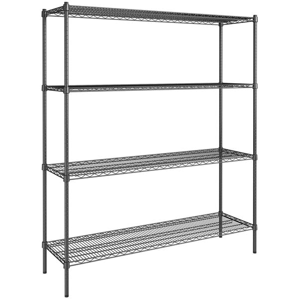 A Steelton black metal wire shelving unit with four shelves.