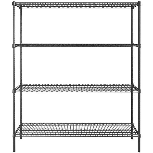 A Steelton black metal wire shelving unit with four shelves.