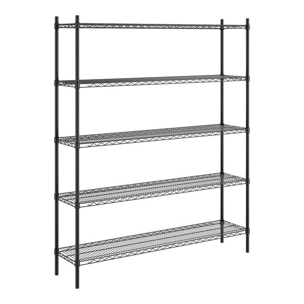 A black epoxy-coated metal shelving unit with five wire shelves and four vertical posts.