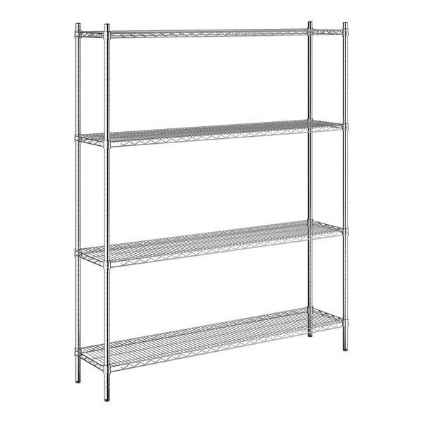 A chrome four-shelf wire shelving unit with four vertical posts.