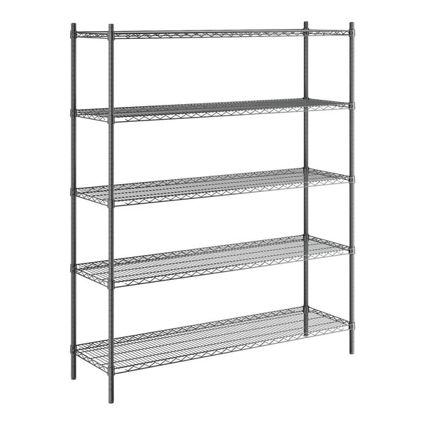 A Steelton black metal wire shelving unit with four shelves.