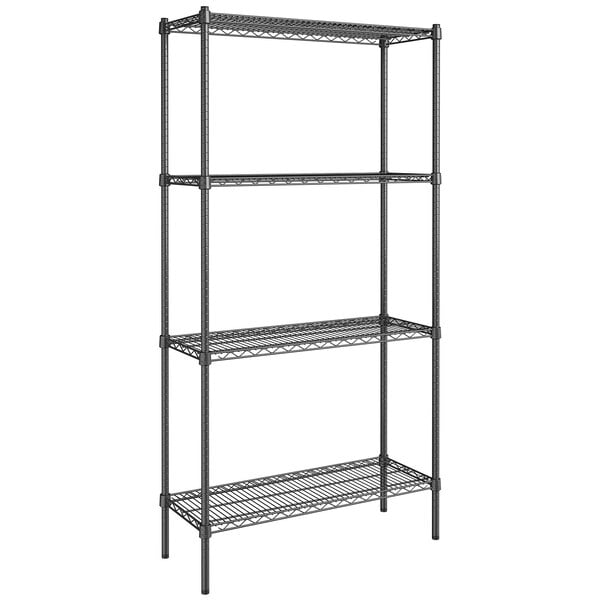 A black Steelton wire shelving unit with four shelves.