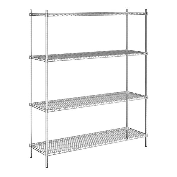 A chrome four-shelf metal storage rack with adjustable shelves and tall posts.
