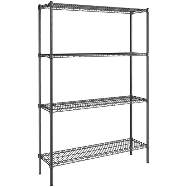 A Steelton black metal wire shelving unit with four shelves.