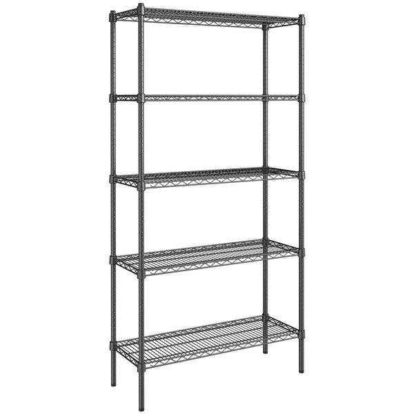 A Steelton black metal wire shelving unit with four shelves.