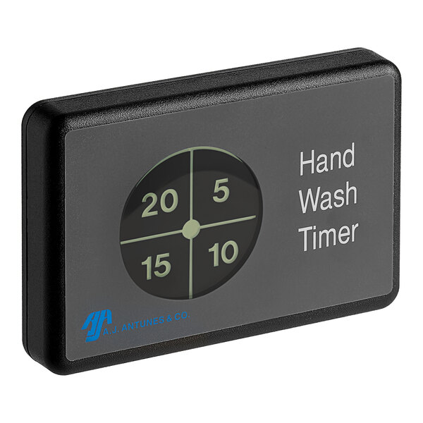 A black rectangular Antunes hand wash timer with a circular dial.