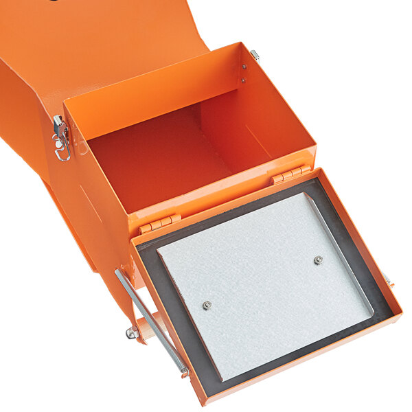 An orange metal box with a white lid open.