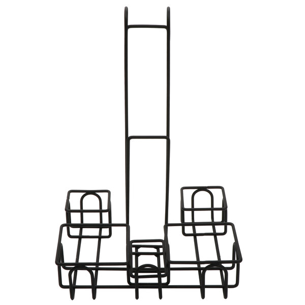 A black metal rack with four compartments and a menu holder.